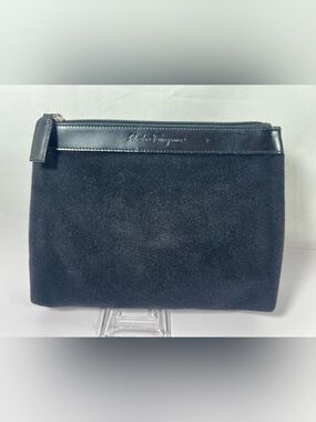 7502: Salvatore Ferragamo Black Suede Zip Pouch Clutch Italy
